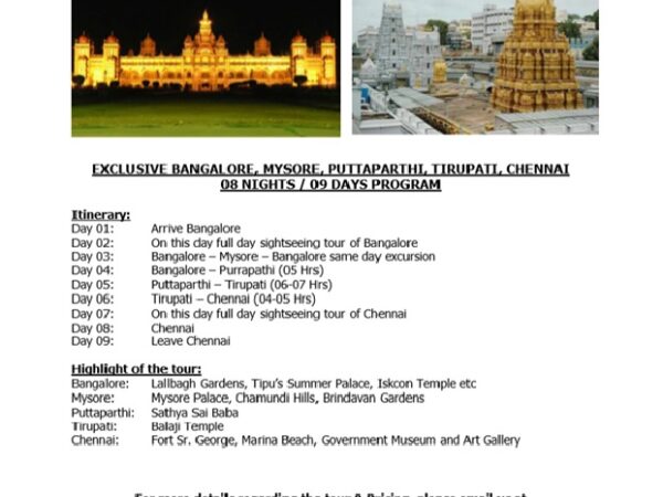 Exclusive Bangalore, Mysore, Puttaparthi, Tirupati & Chennai Tour